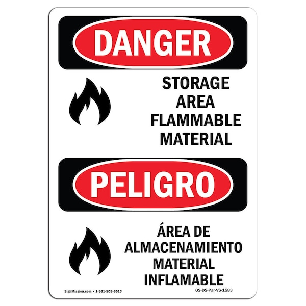 Safety Sign, OSHA Danger, 5" Height, Storage Area Flammable Material Bilingual Spanish, 10PK